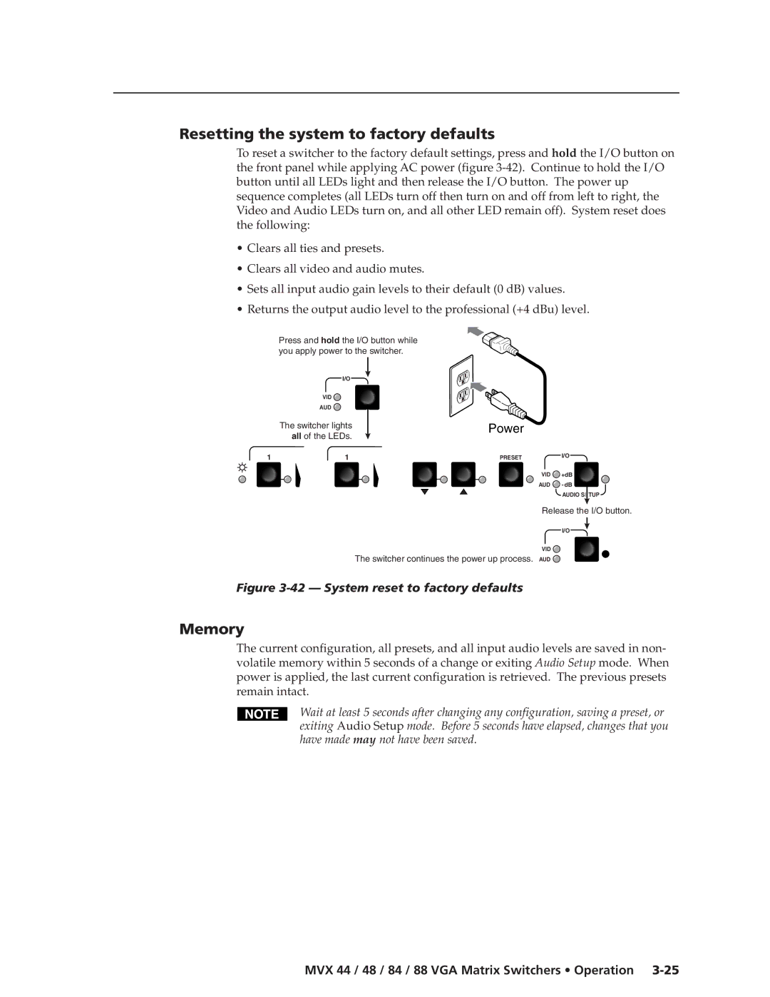 Extron electronic MVX 44, MVX 88, MVX 48, MVX 84 manual Resetting the system to factory defaults, Memory 