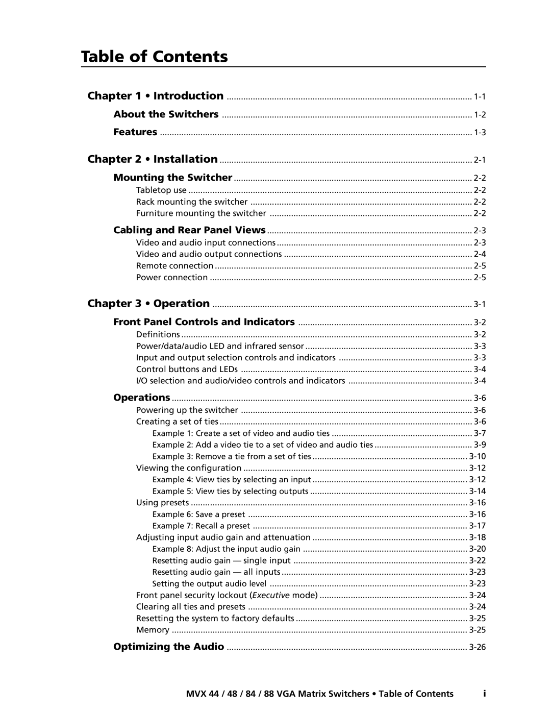 Extron electronic MVX 44, MVX 88, MVX 48, MVX 84 manual Table of Contents 