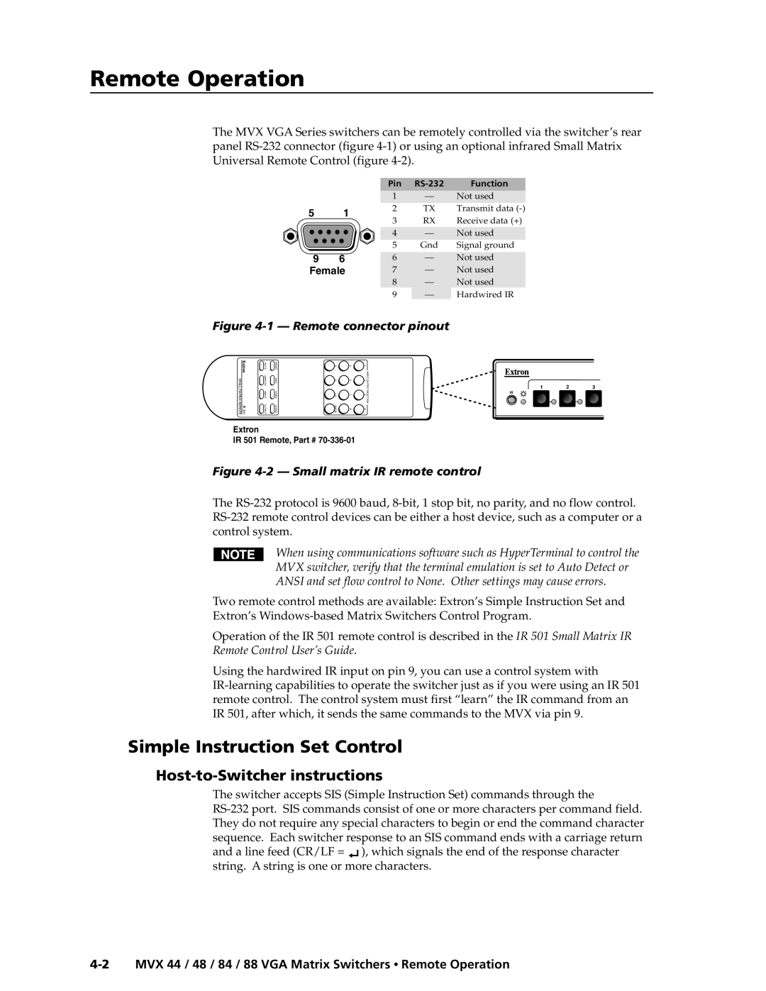 Extron electronic MVX 48, MVX 88 RemoteOperation,cont’d, Simple Instruction Set Control, Host-to-Switcher instructions 