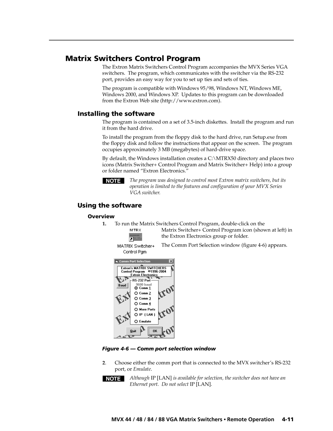 Extron electronic MVX 84, MVX 88 Matrix Switchers Control Program, Installing the software, Using the software, Overview 