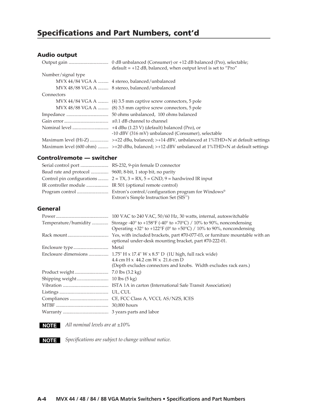 Extron electronic MVX 48, MVX 88, MVX 44, MVX 84 manual Specifications and Part Numbers, cont’d, Audio output 