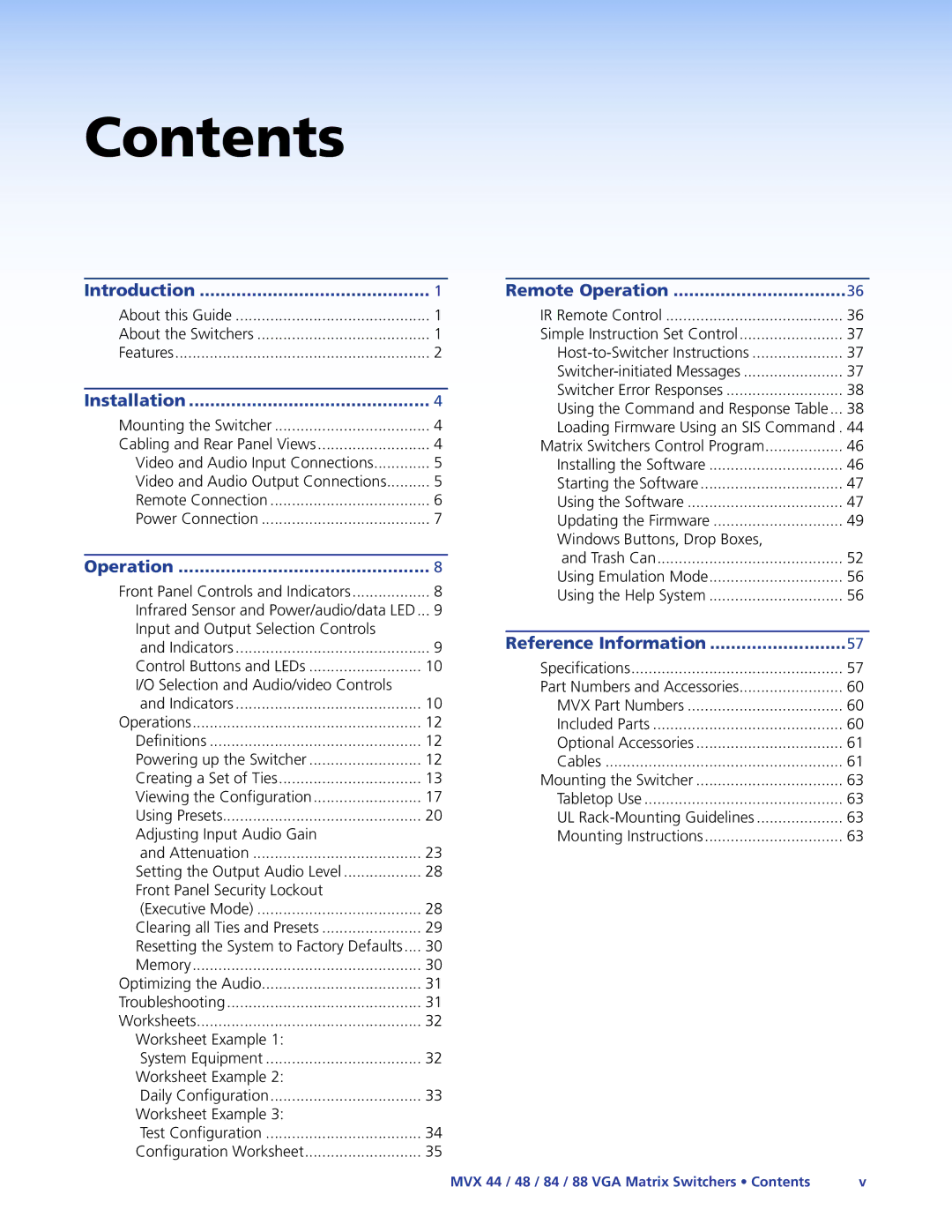 Extron electronic MVX 44, MVX 88, MVX 84, 48 manual Contents 