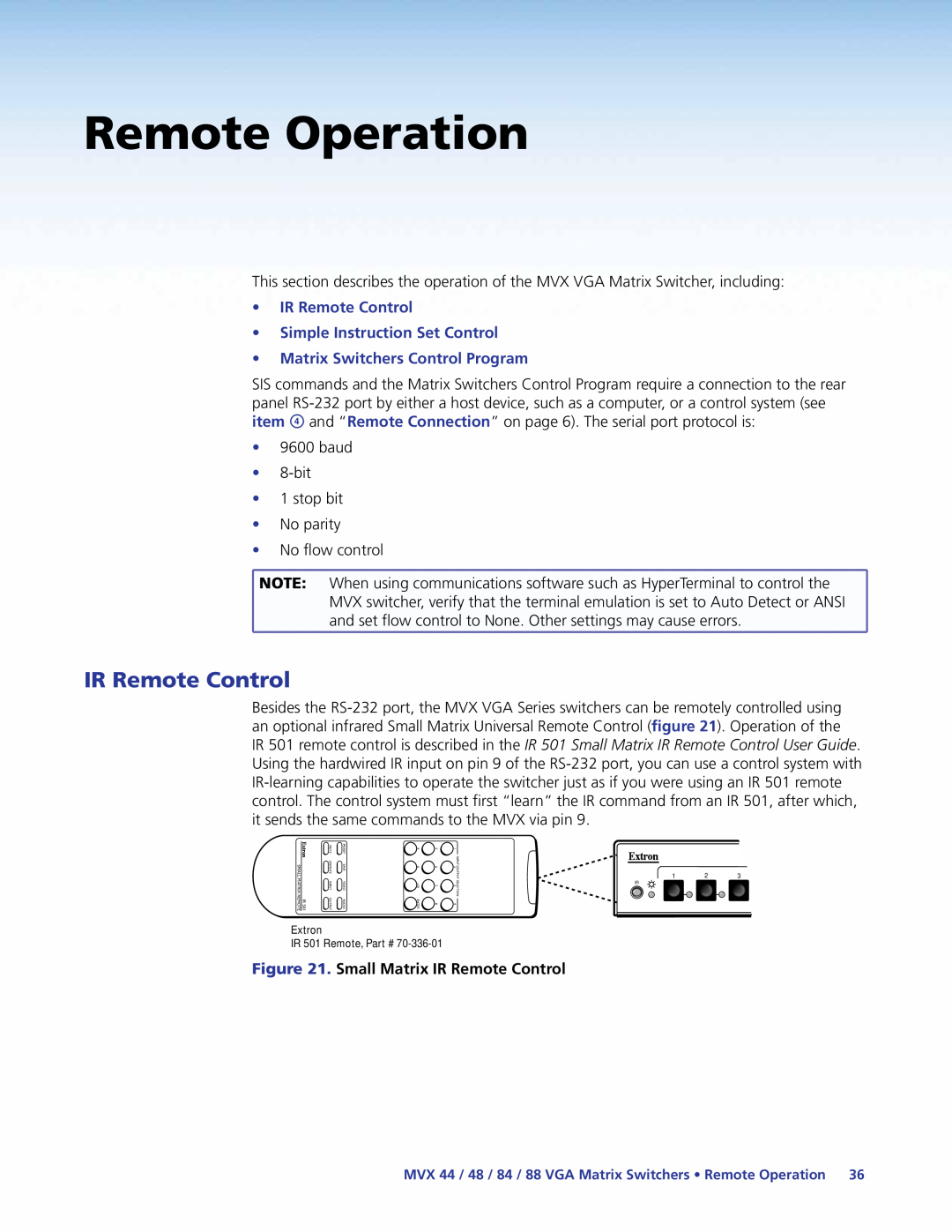 Extron electronic MVX 84, MVX 88, MVX 44, 48 manual Remote Operation, IR Remote Control Simple Instruction Set Control 