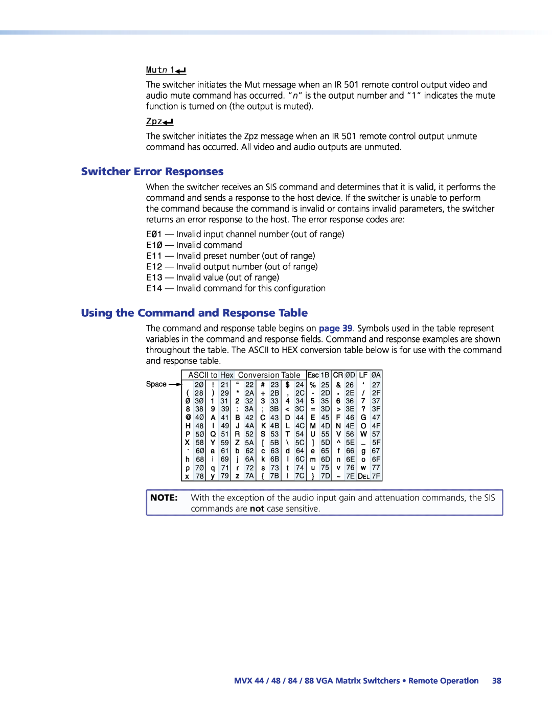Extron electronic MVX 88, MVX 44, MVX 84, 48 manual Switcher Error Responses, Using the Command and Response Table 