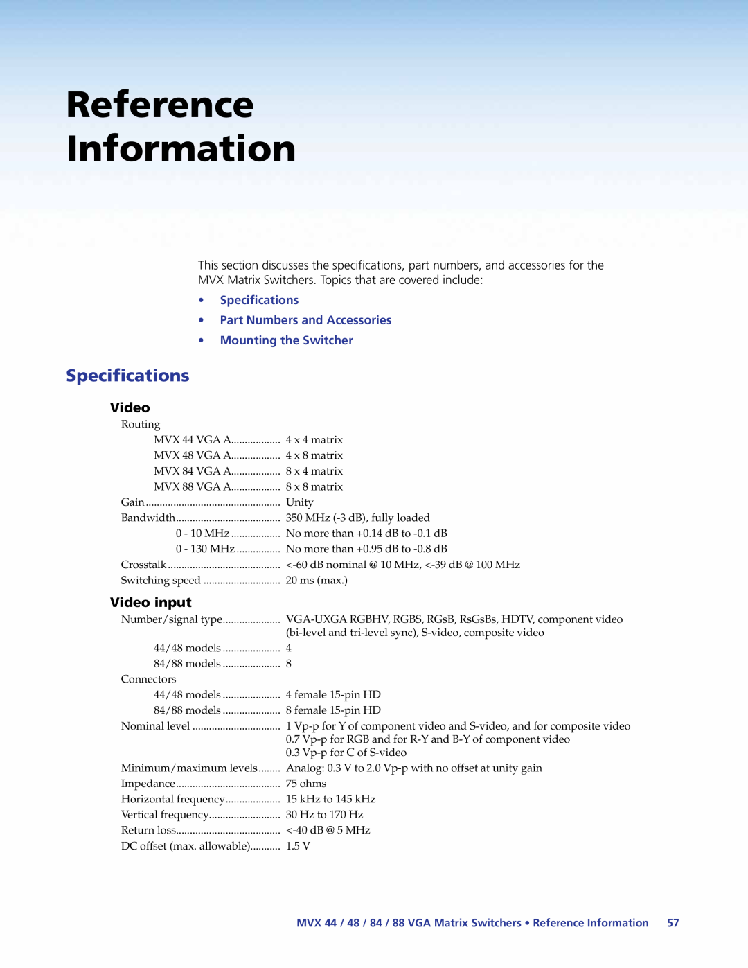 Extron electronic 48, MVX 88, MVX 44, MVX 84 manual Reference Information, Specifications, Video input 