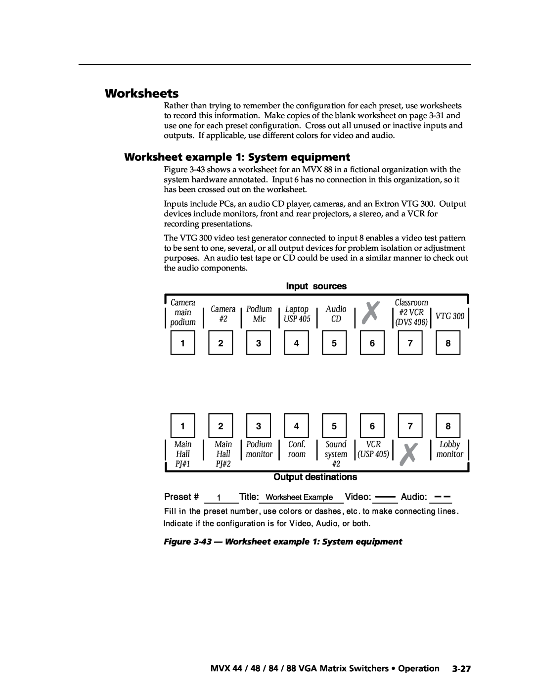 Extron electronic MVX 88 Series Worksheets, Sound, system, Worksheet example 1 System equipment, Input sources, Camera 