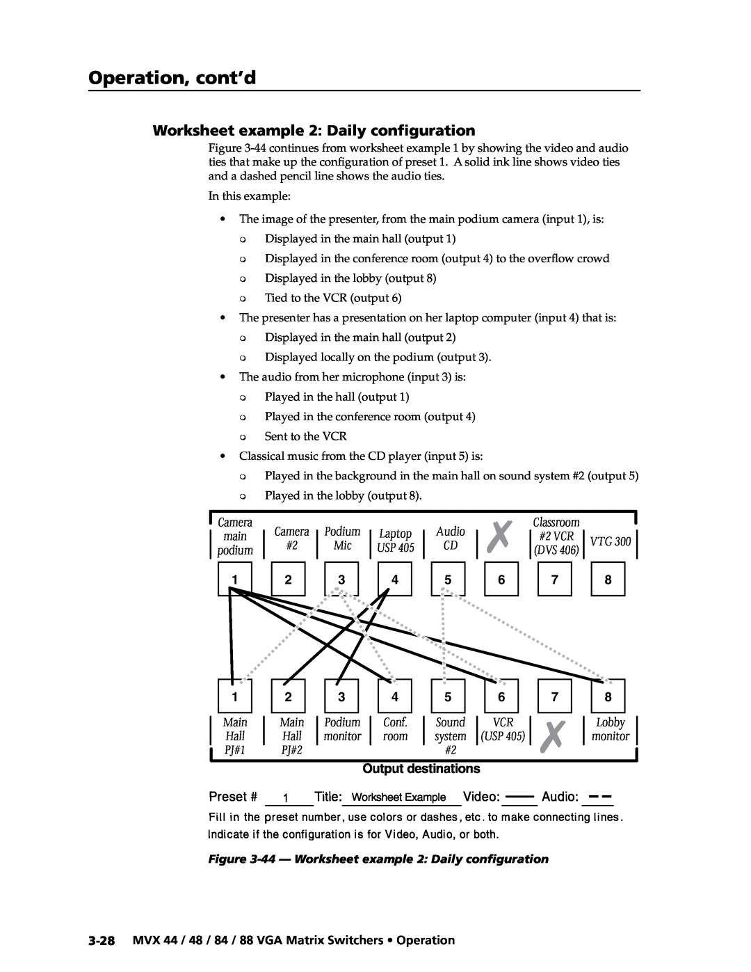 Extron electronic MVX 88 Series 44 - Worksheet example 2 Daily configuration, Preliminary, Operation, cont’d, Sound 