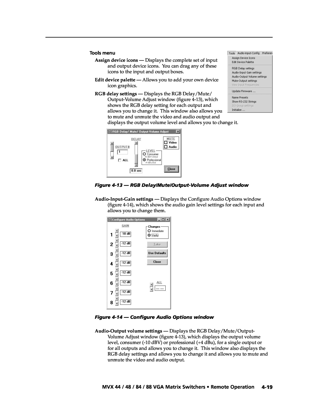 Extron electronic MVX 88 Series manual Tools menu, 13 - RGB Delay/Mute/Output-Volume Adjust window, Preliminary 