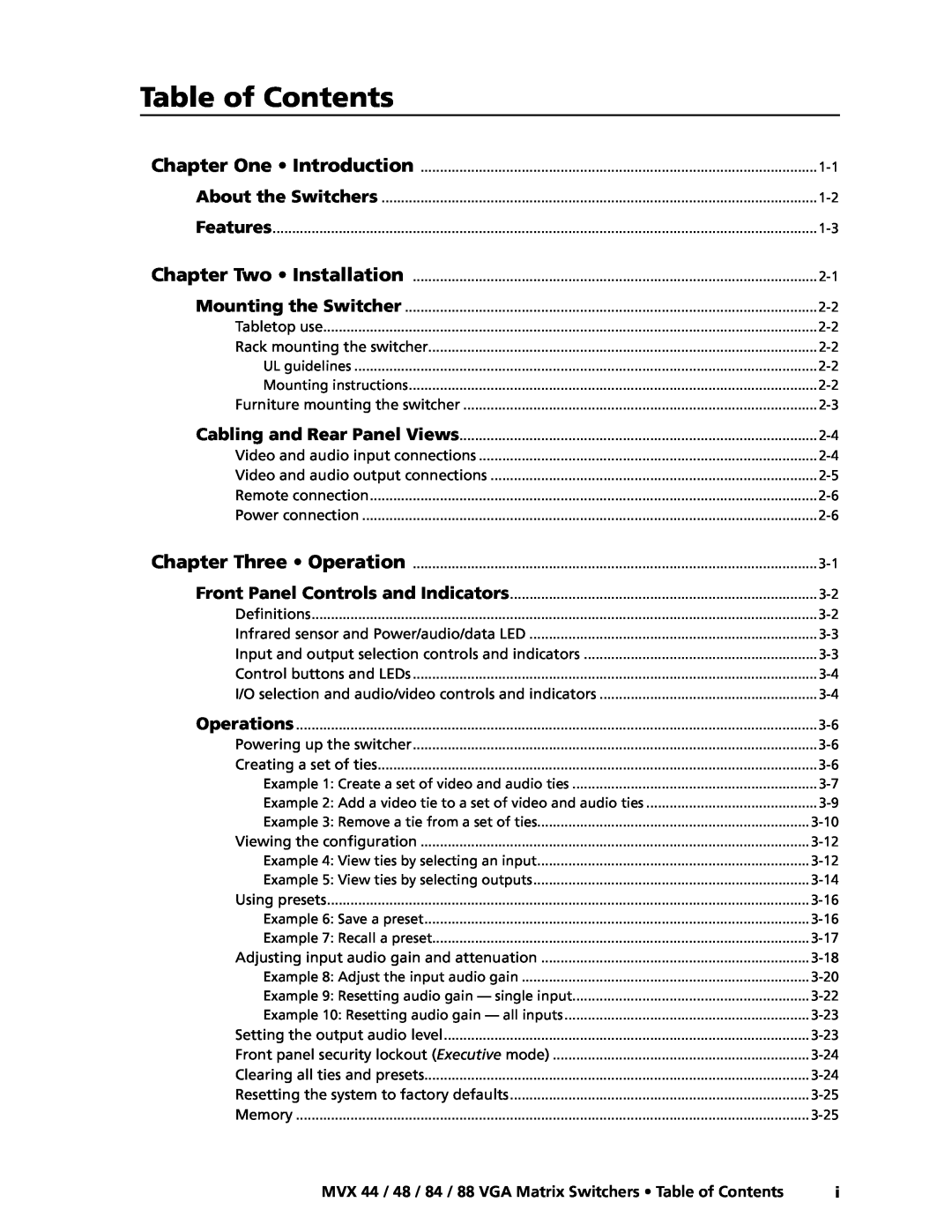 Extron electronic MVX 88 Series manual MVX 44 / 48 / 84 / 88 VGA Matrix Switchers Table of Contents, Preliminary 