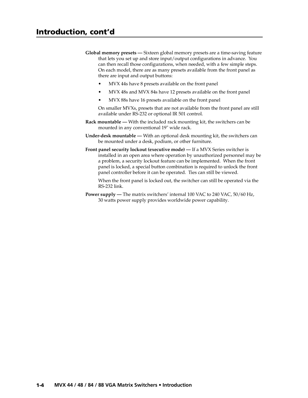 Extron electronic MVX 88 Series manual Introduction, cont’d 