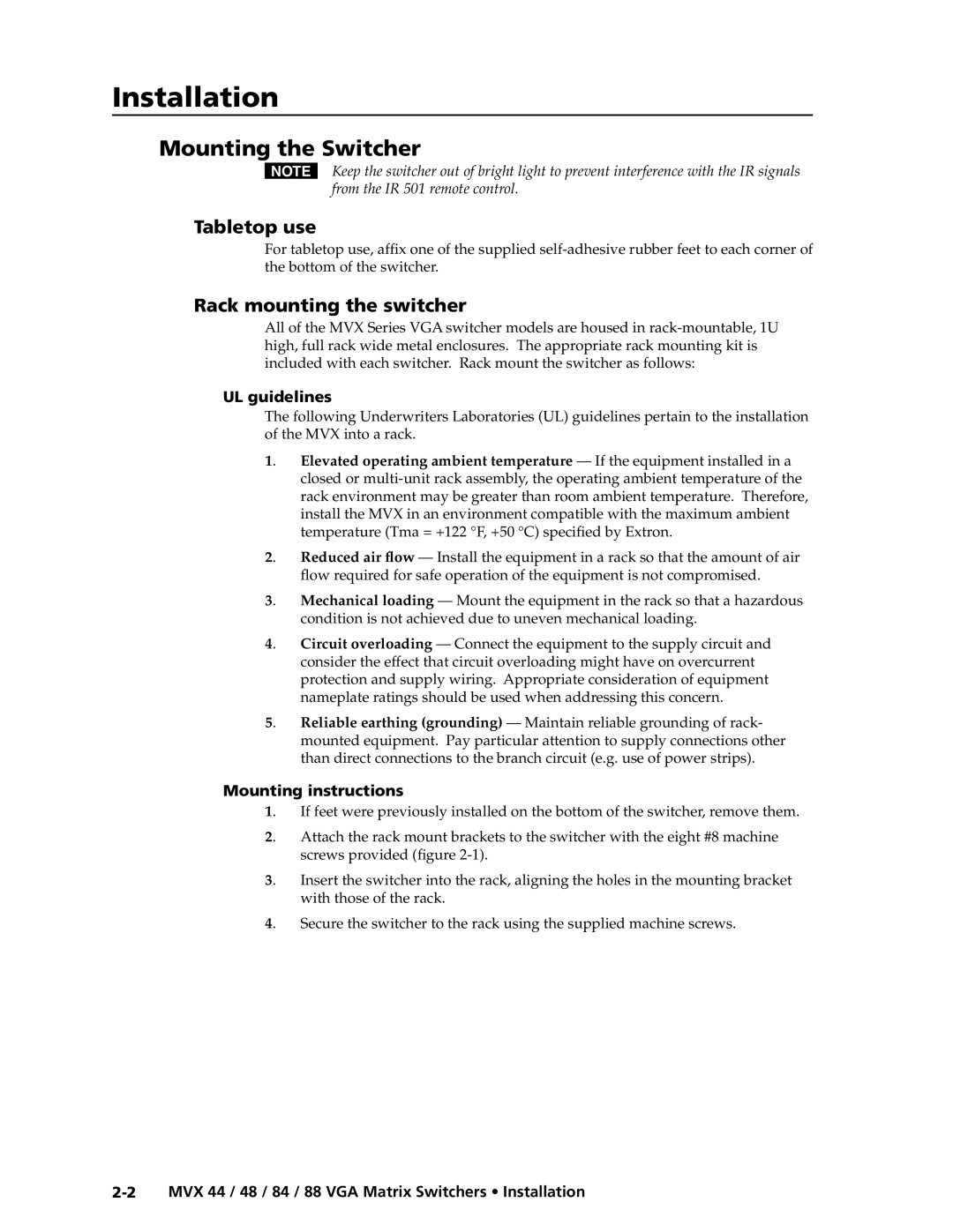 Extron electronic MVX 88 Series manual Mounting the Switcher, Tabletop use, Rack mounting the switcher 