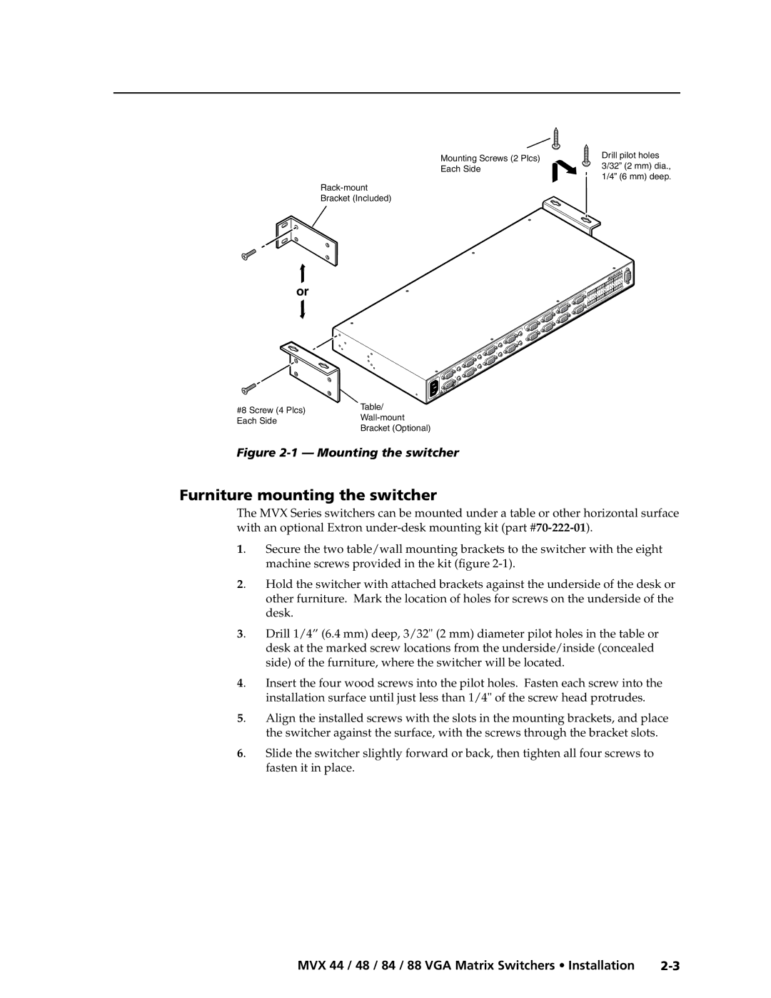 Extron electronic MVX 88 Series manual Furniture mounting the switcher, Mounting the switcher 