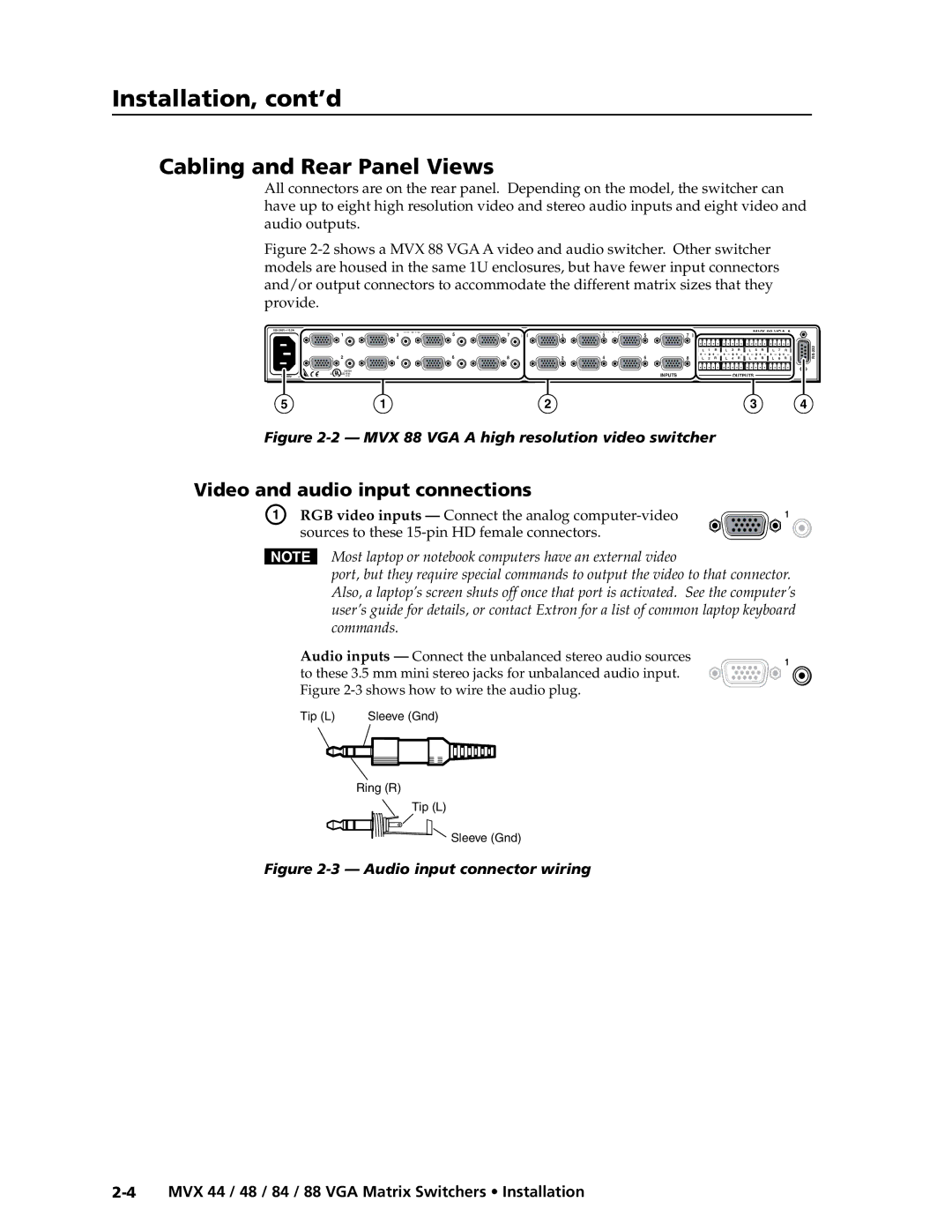 Extron electronic MVX 88 Series manual Cabling and Rear Panel Views, Video and audio input connections 