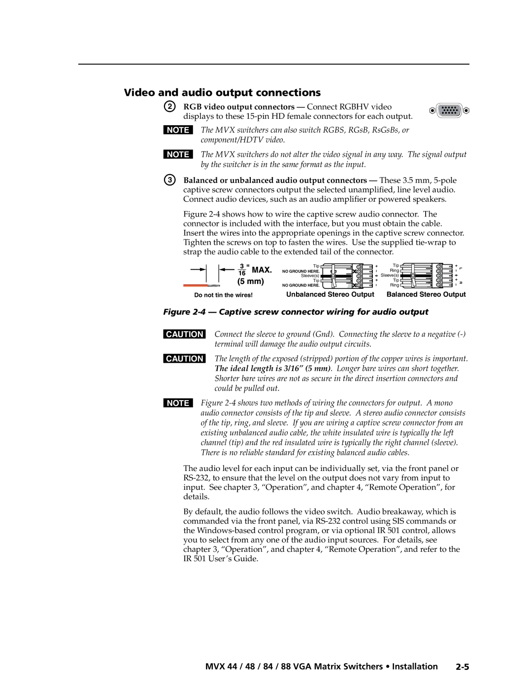 Extron electronic MVX 88 Series manual Video and audio output connections, RGB video output connectors Connect Rgbhv video 