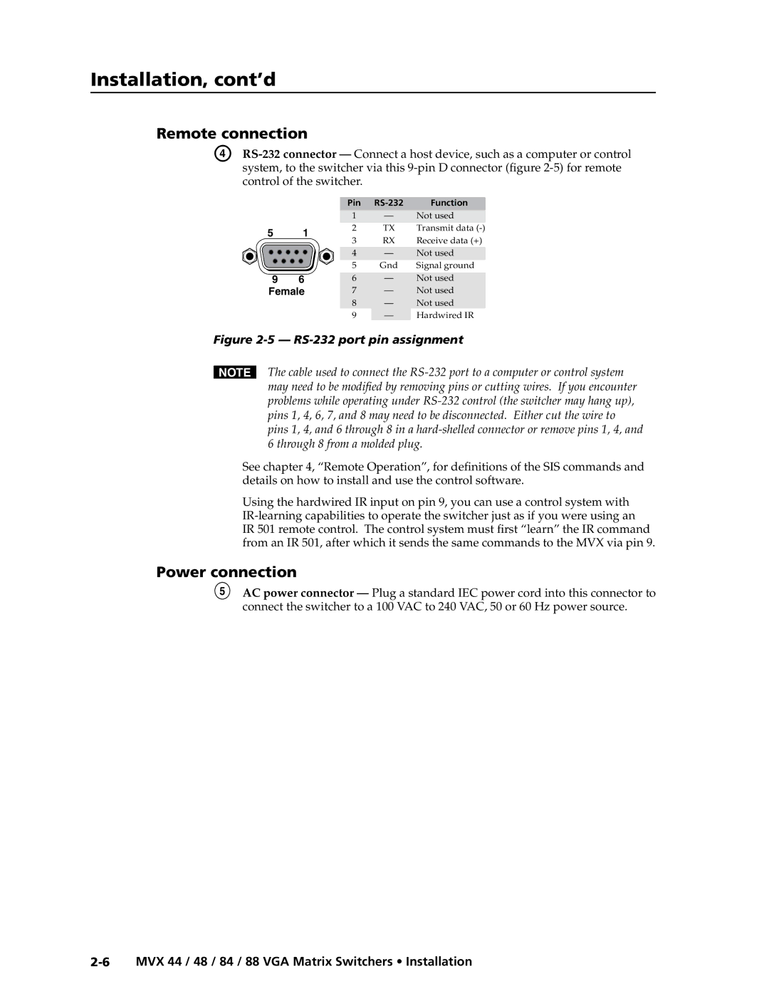 Extron electronic MVX 88 Series manual Remote connection, Power connection, Control of the switcher 