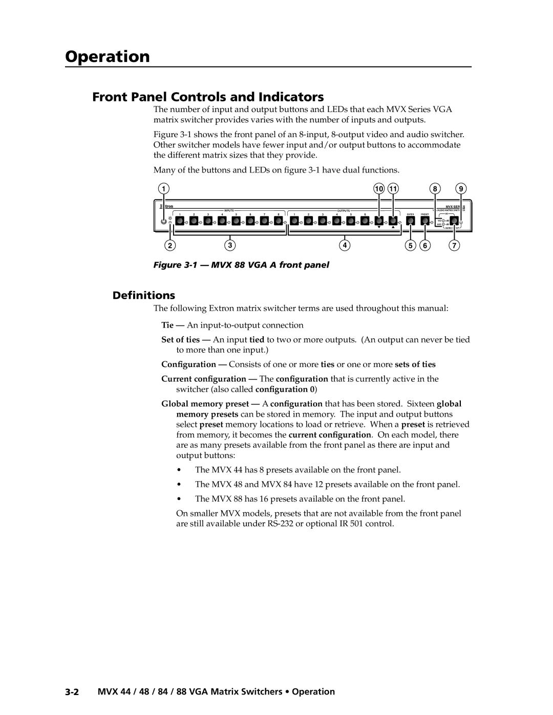 Extron electronic MVX 88 Series manual Front Panel Controls and Indicators, Definitions 