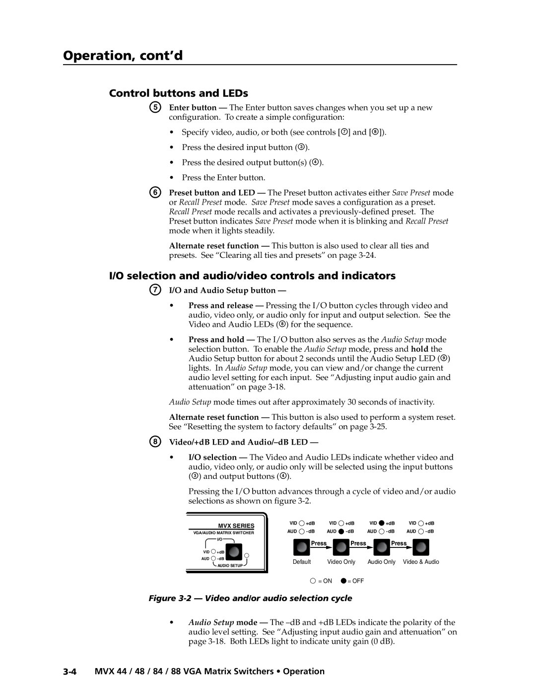 Extron electronic MVX 88 Series manual Control buttons and LEDs, Selection and audio/video controls and indicators 