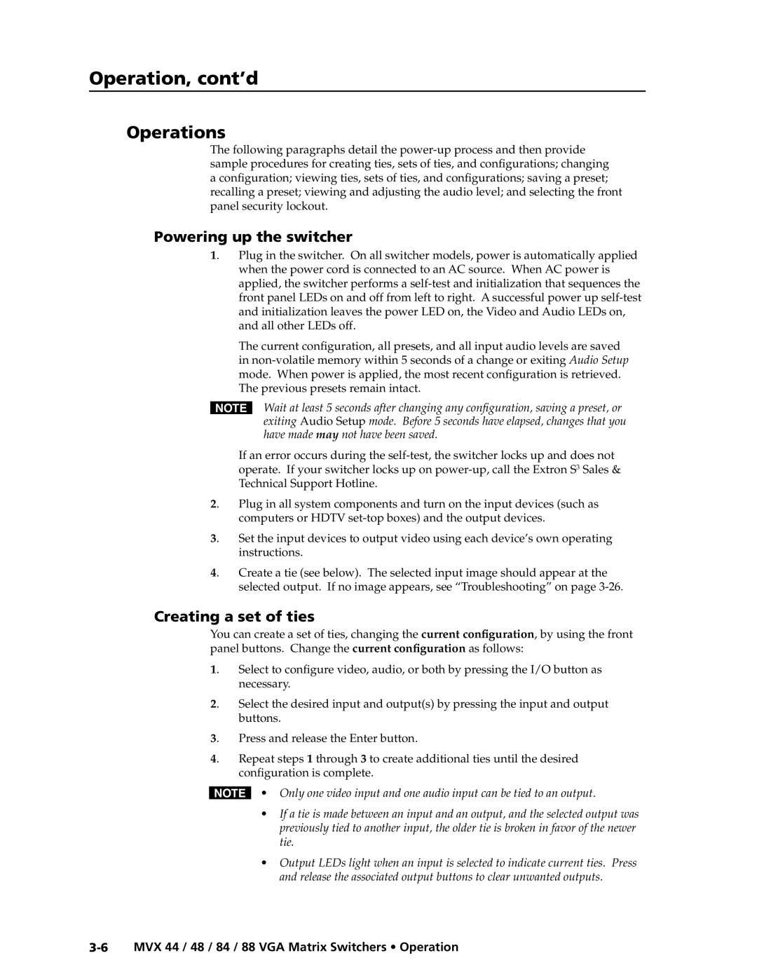 Extron electronic MVX 88 Series manual Operations, Powering up the switcher, Creating a set of ties 