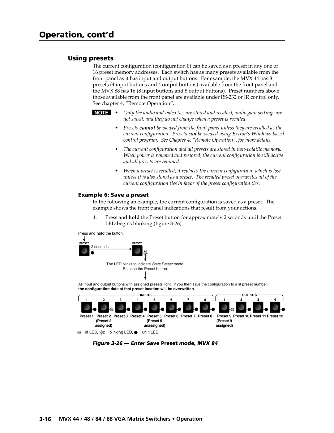 Extron electronic MVX 88 Series manual Using presets, Example 6 Save a preset 