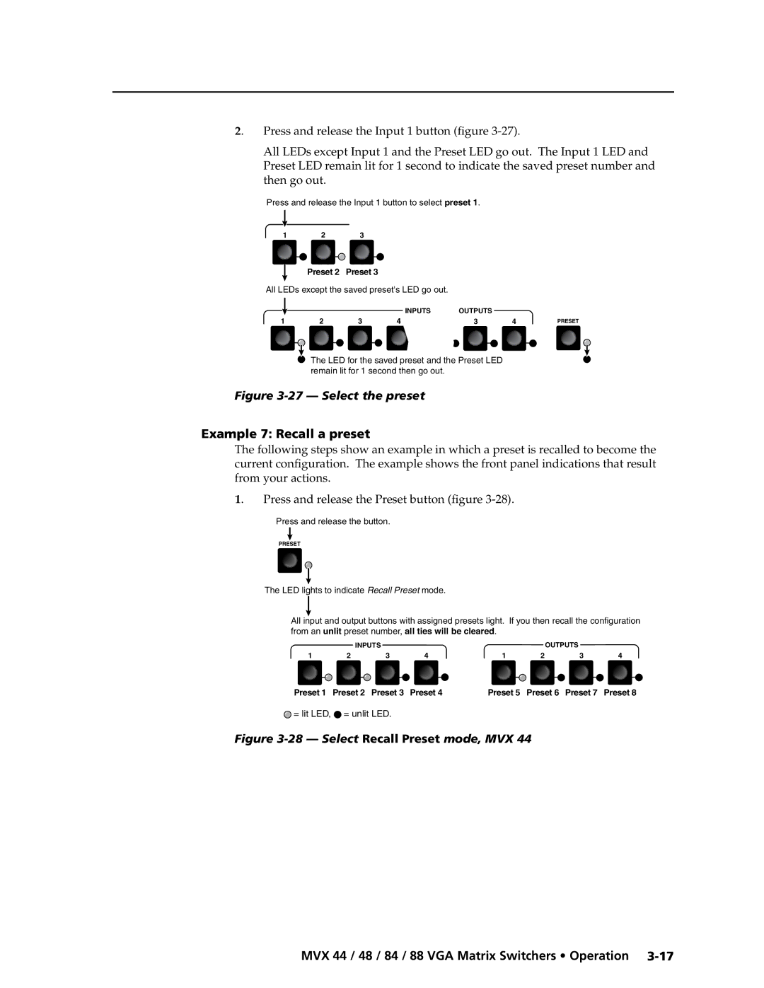 Extron electronic MVX 88 Series manual Example 7 Recall a preset, Preset 2 Preset 