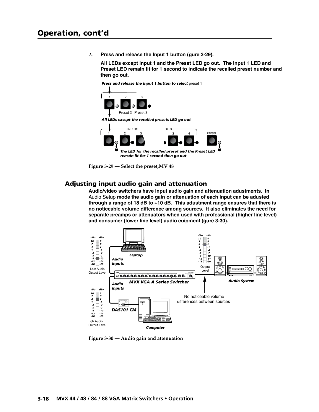 Extron electronic MVX 88 Series Adjusting input audio gain and attenuation, Press and release the Input 1 button figure 