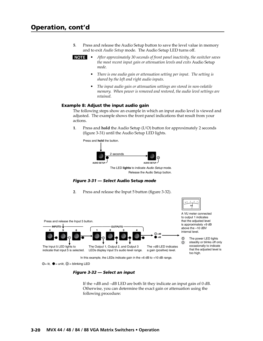 Extron electronic MVX 88 Series manual Example 8 Adjust the input audio gain, = unlit, = blinking LED 