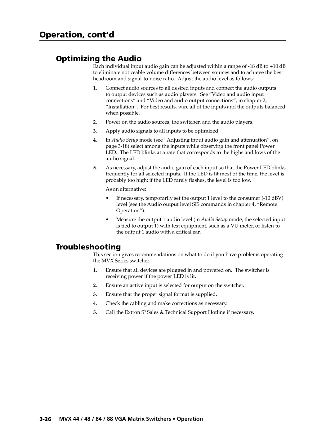 Extron electronic MVX 88 Series manual Optimizing the Audio, Troubleshooting 