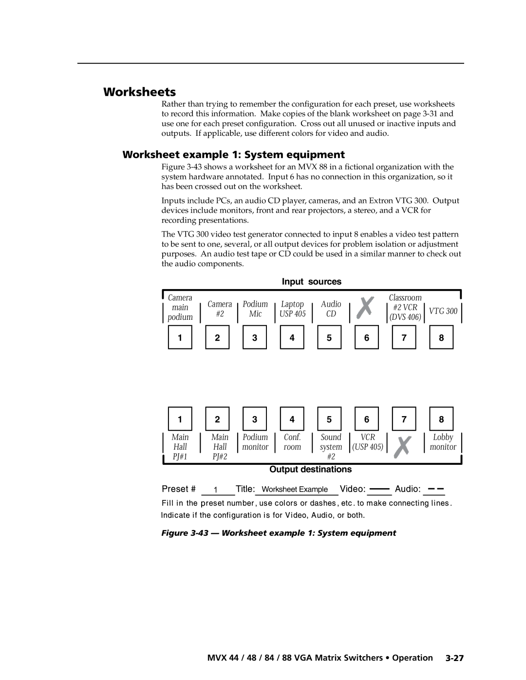 Extron electronic MVX 88 Series manual Worksheets, Worksheet example 1 System equipment, Main, Vtg, Monitor Room 