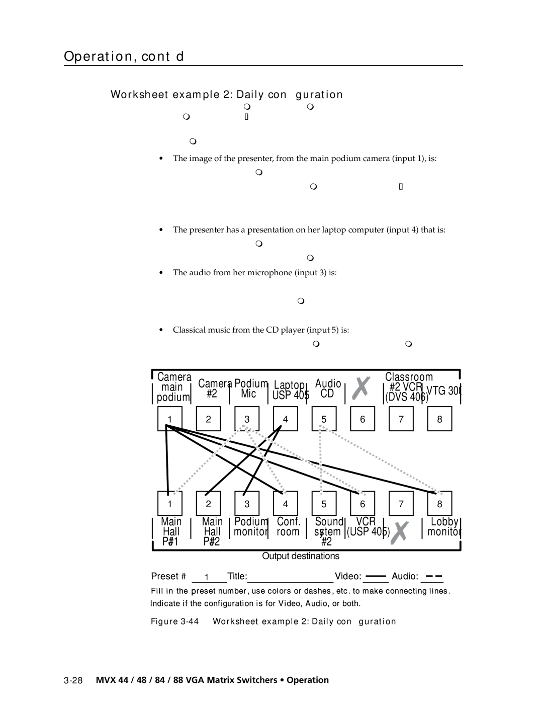 Extron electronic MVX 88 Series Worksheet example 2 Daily configuration, Classical music from the CD player input 5 is 