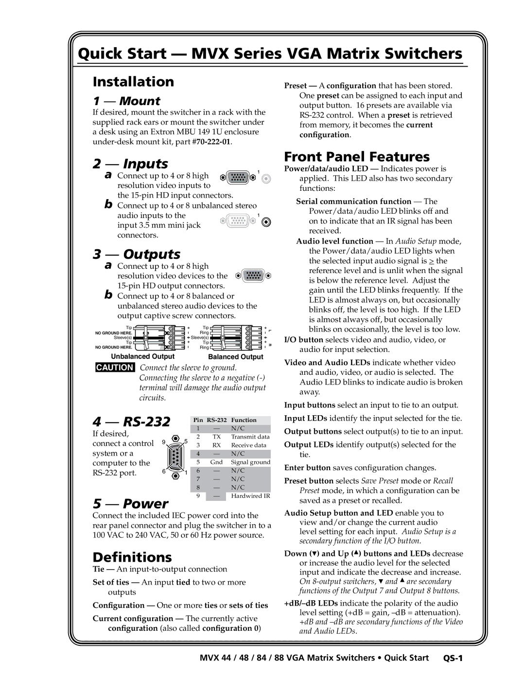 Extron electronic MVX 88 Series manual Quick Start MVX Series VGA Matrix Switchers 
