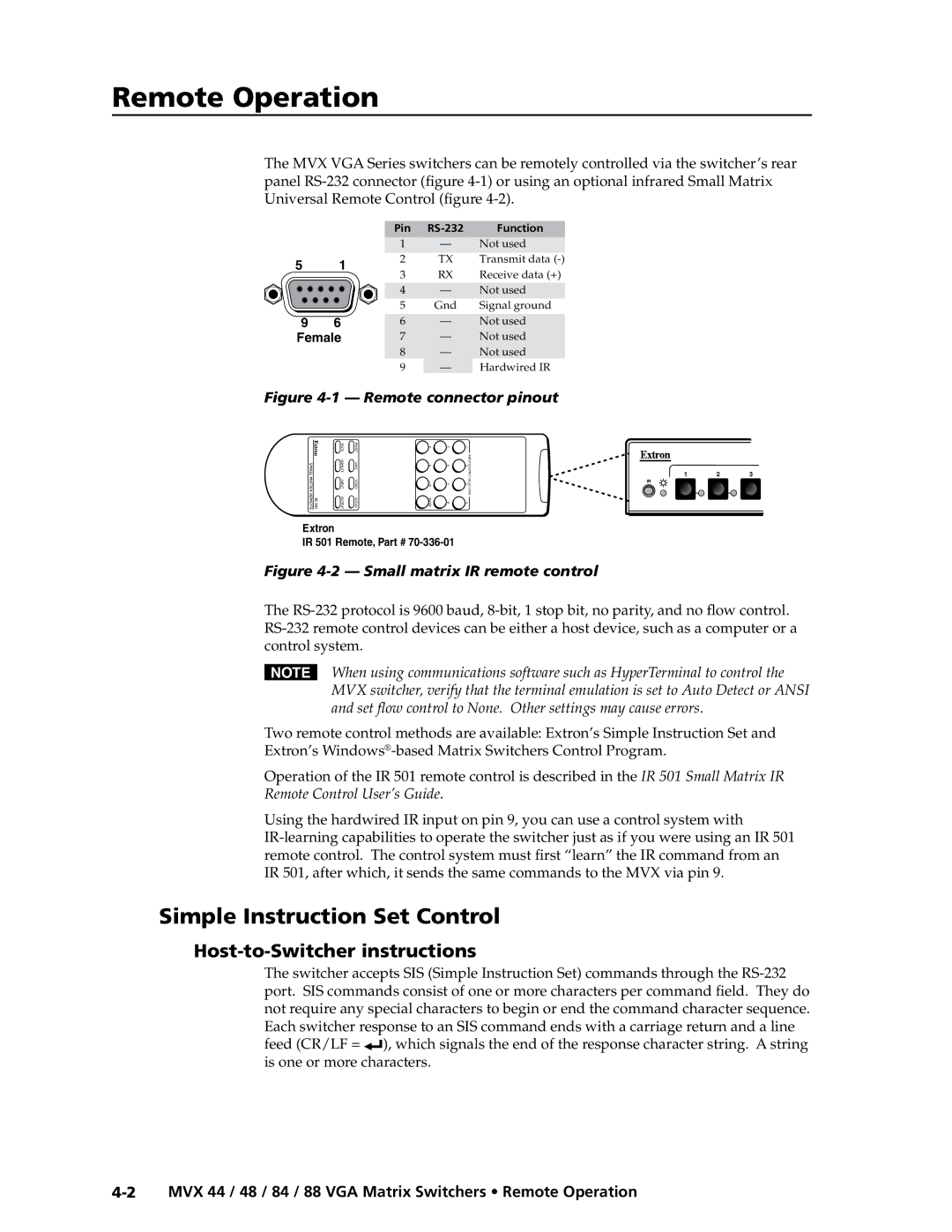 Extron electronic MVX 88 Series manual Simple Instruction Set Control, Host-to-Switcher instructions 