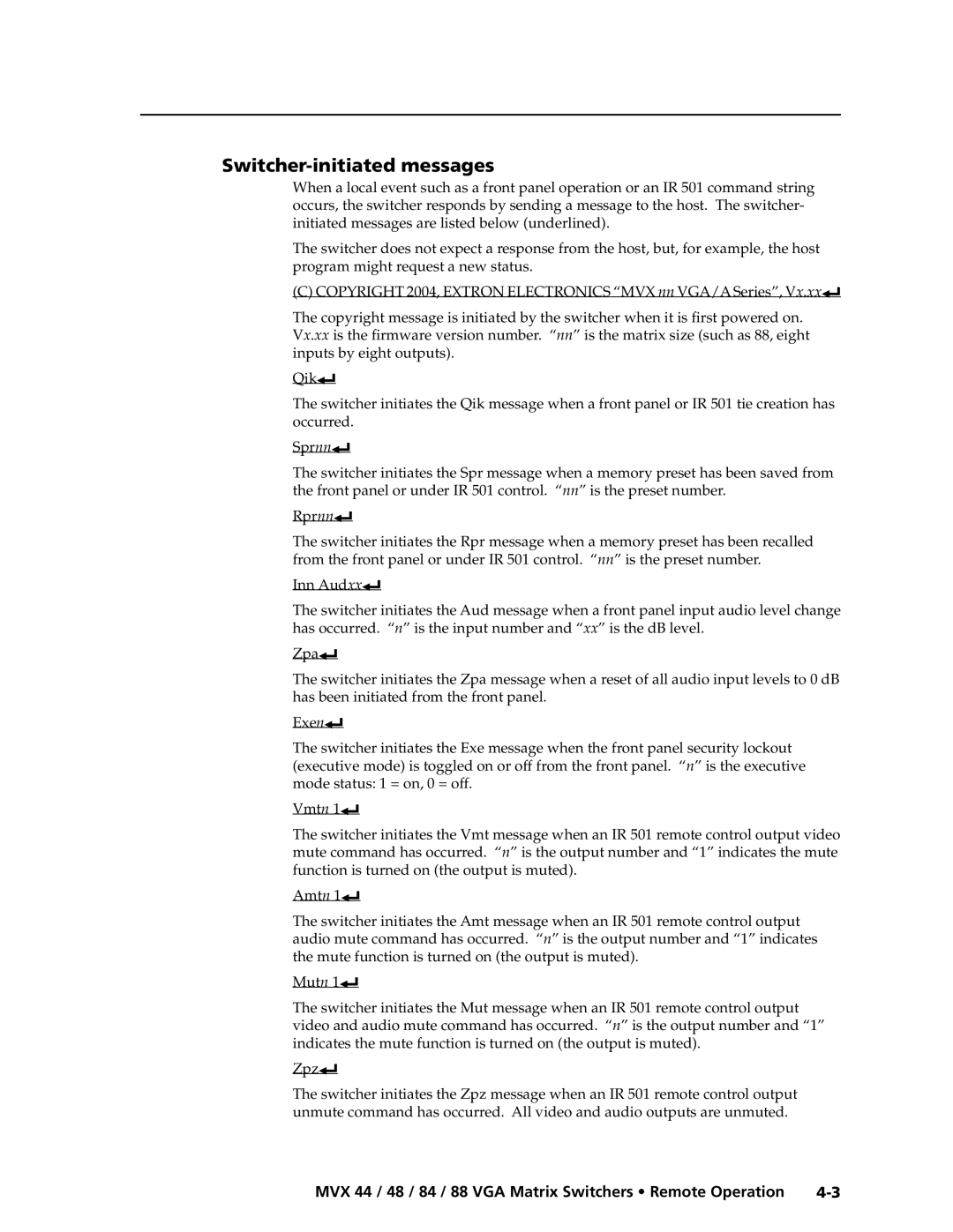 Extron electronic MVX 88 Series manual Switcher-initiated messages 
