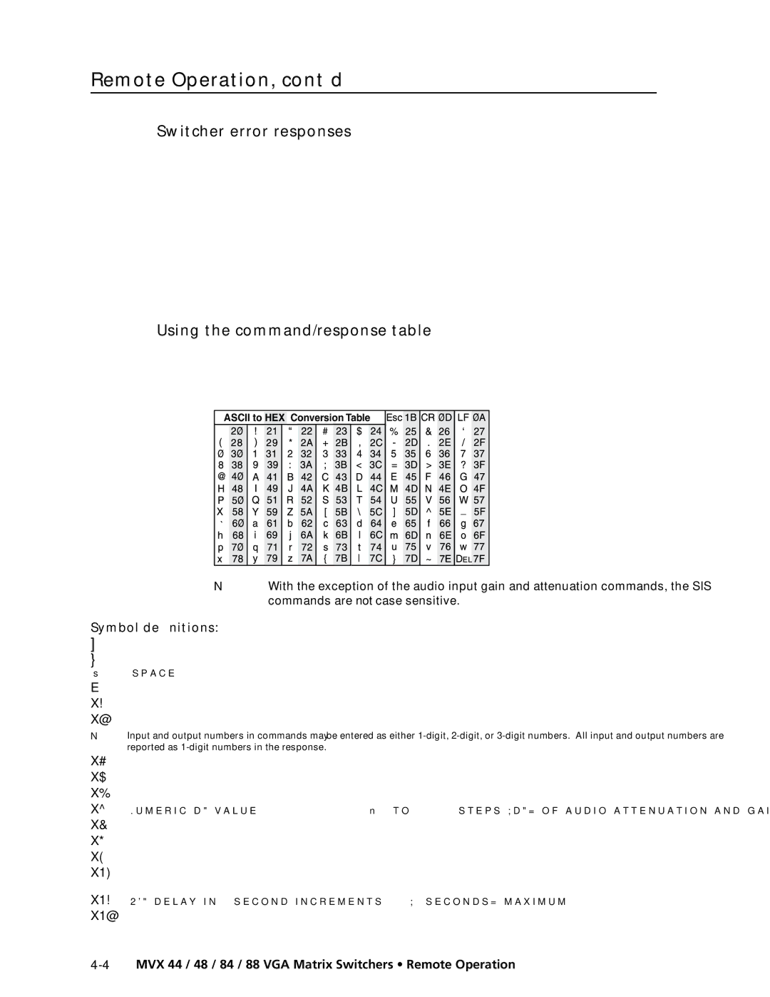 Extron electronic MVX 88 Series manual Switcher error responses, Using the command/response table, Symbol definitions 