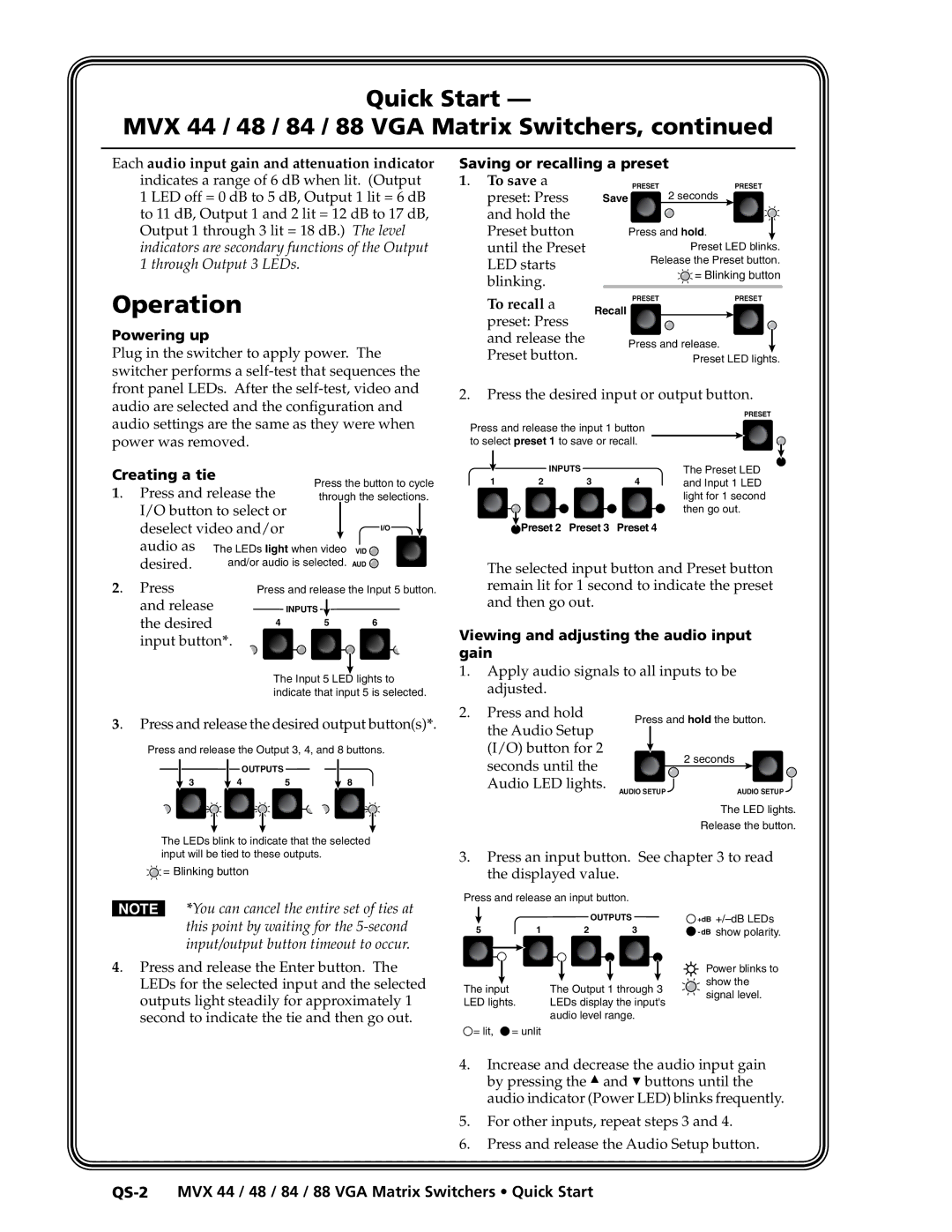 Extron electronic MVX 88 Series manual Powering up, Creating a tie, Saving or recalling a preset 