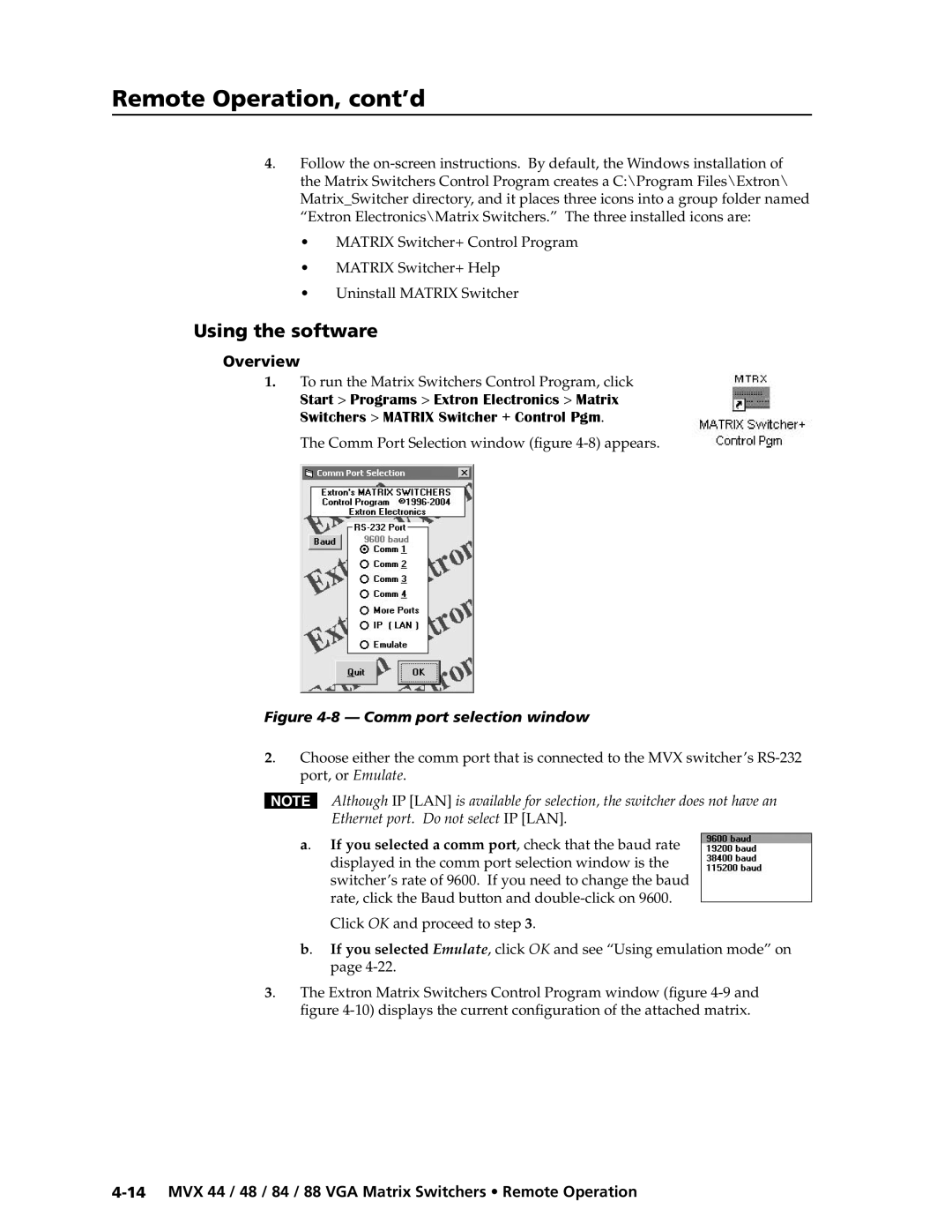 Extron electronic MVX 88 Series manual Using the software, Overview, To run the Matrix Switchers Control Program, click 