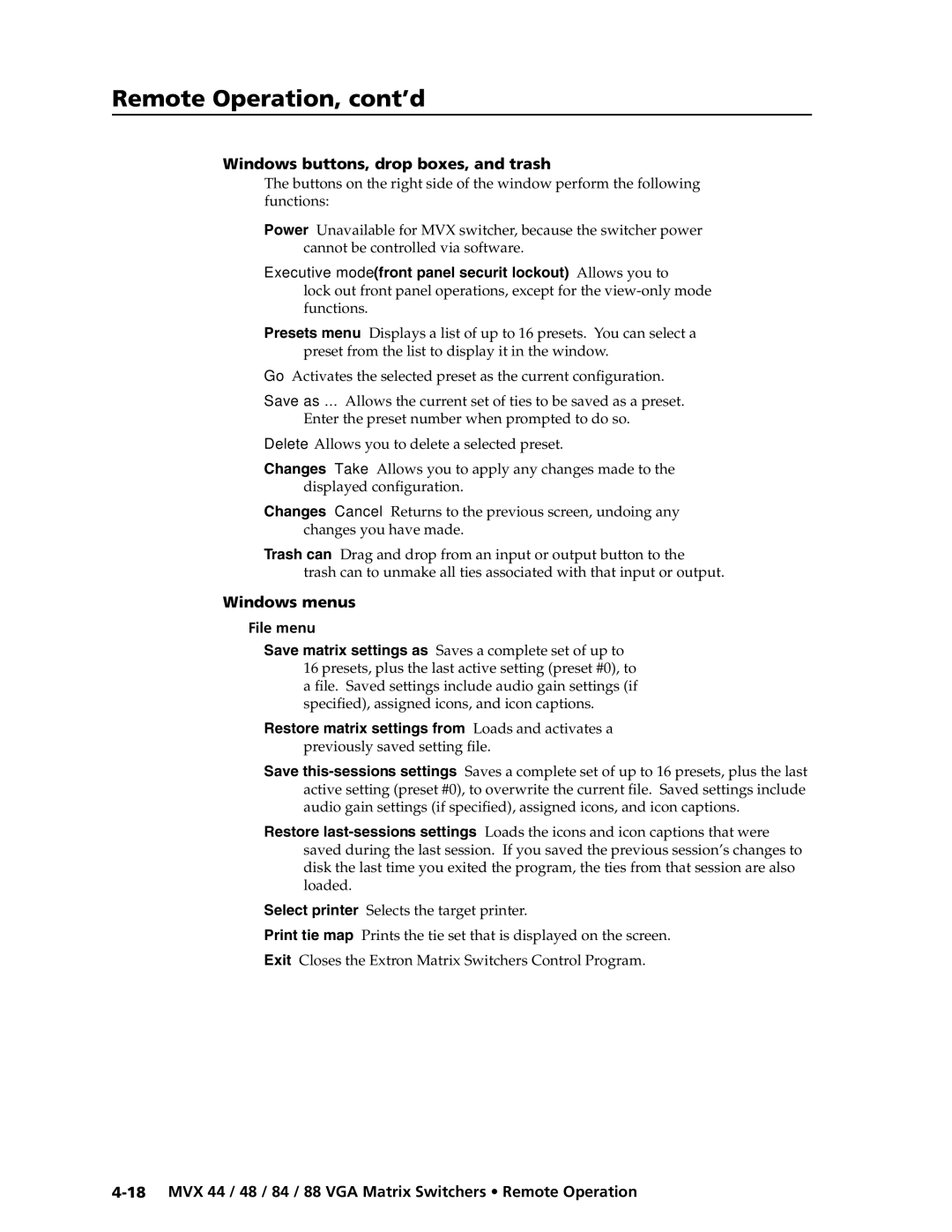 Extron electronic MVX 88 Series manual Windows buttons, drop boxes, and trash, Windows menus File menu 