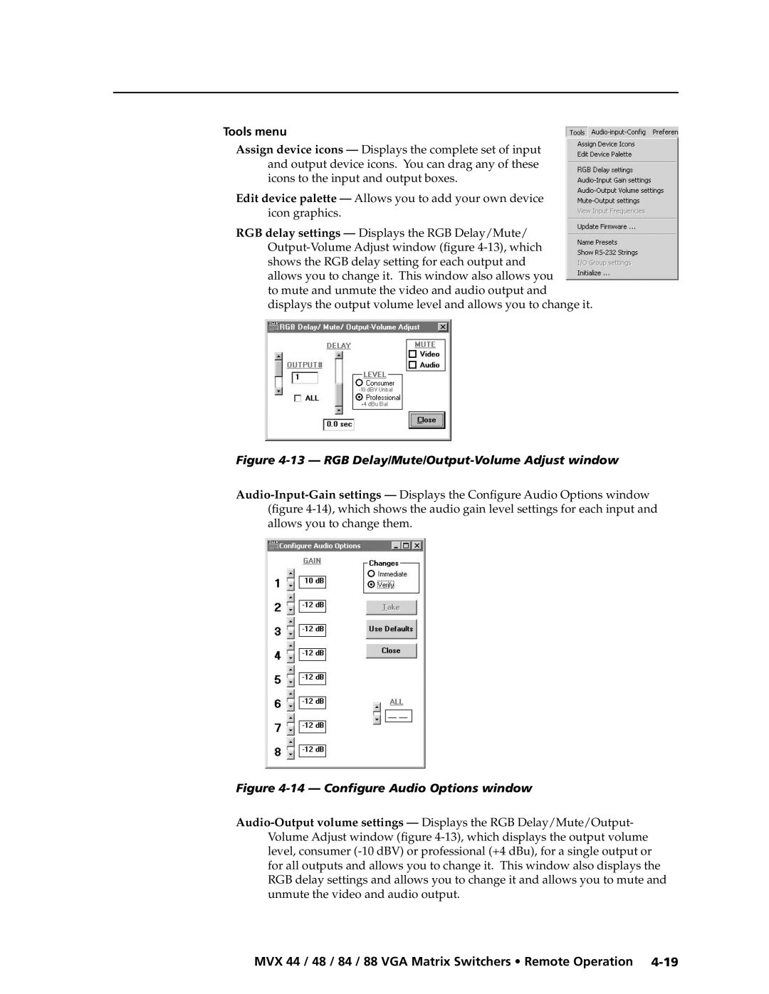 Extron electronic MVX 88 Series manual Tools menu, RGB Delay/Mute/Output-Volume Adjust window 