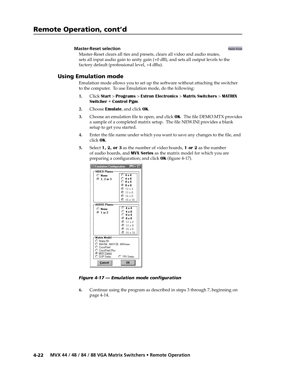 Extron electronic MVX 88 Series manual Using Emulation mode, Master-Reset selection 