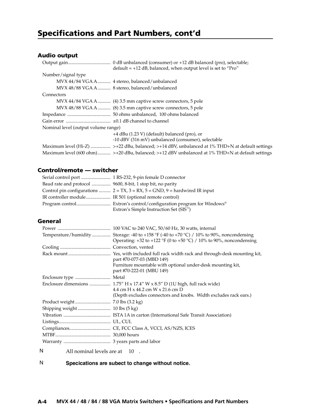 Extron electronic MVX 88 Series manual Specifications and Part Numbers, cont’d 