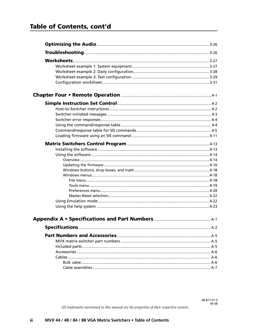 Extron electronic MVX 88 Series manual Table of Contents, cont’d 