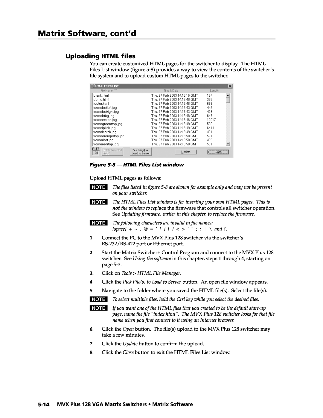 Extron electronic MVX PLUS 128 manual Uploading HTML ﬁles, Matrix Software, cont’d, 8 - HTML Files List window 