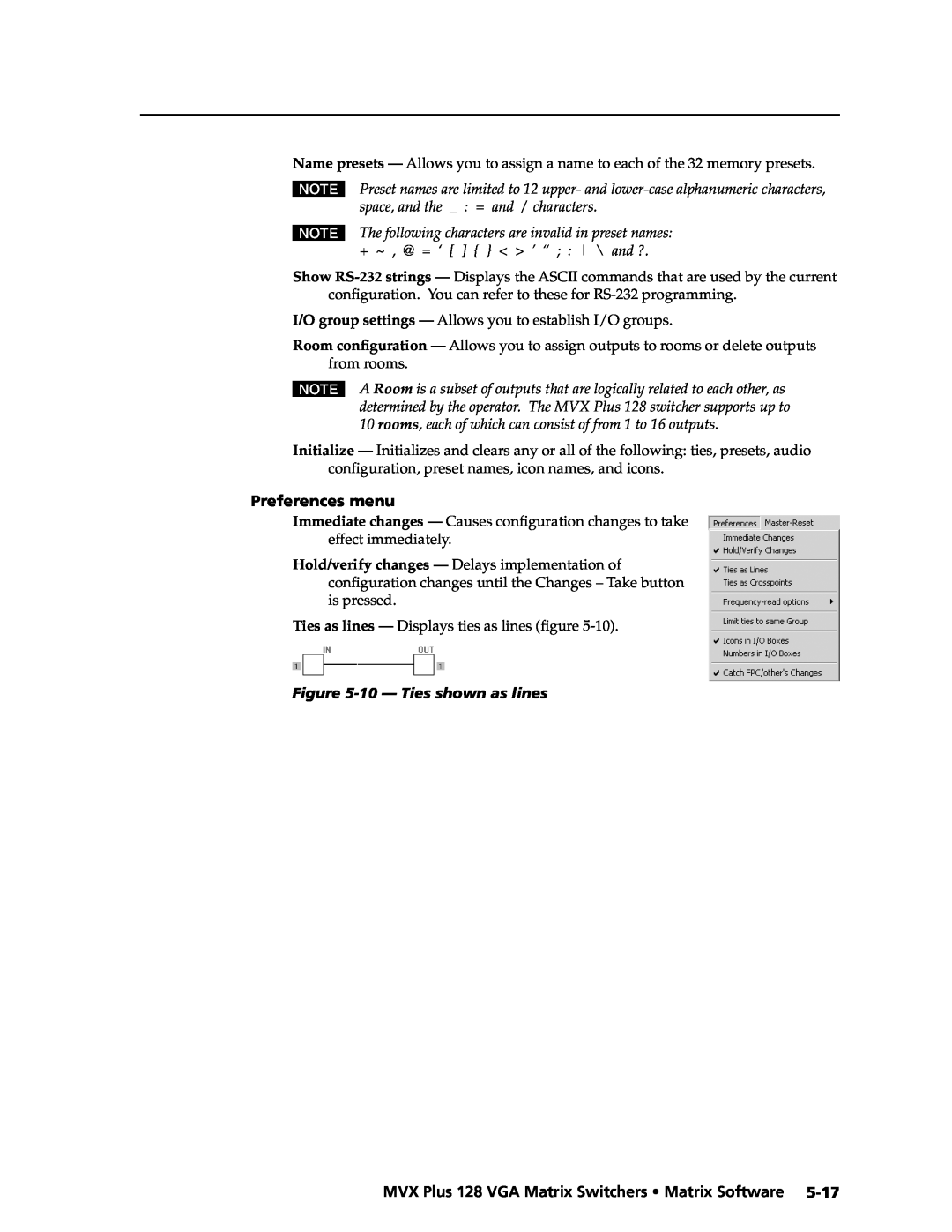 Extron electronic MVX PLUS 128 manual Preferences menu, 10 - Ties shown as lines 