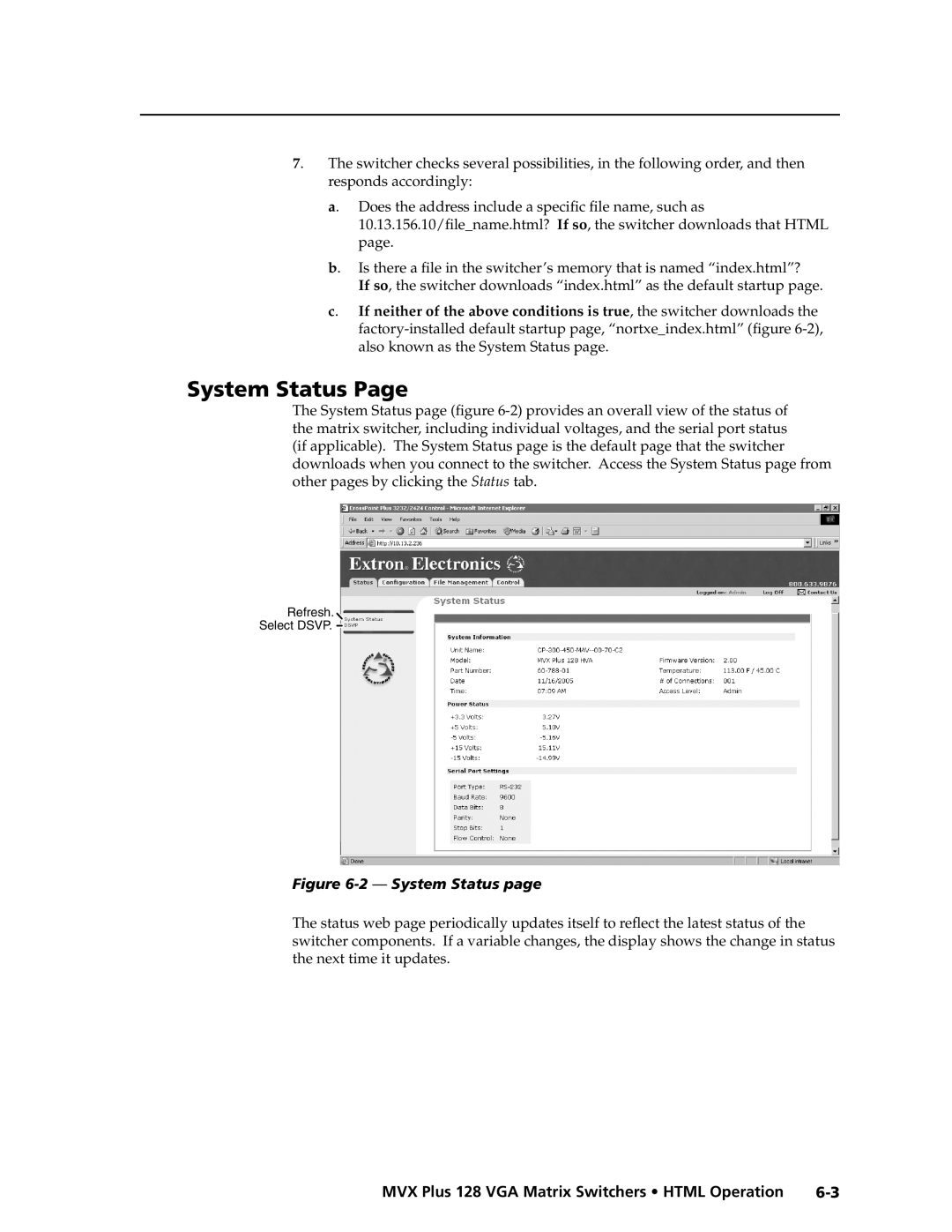 Extron electronic MVX PLUS 128 manual System Status Page, 2 - System Status page 