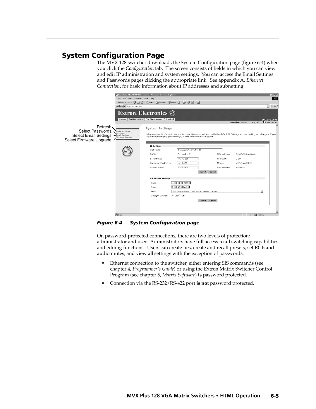 Extron electronic MVX PLUS 128 manual System Conﬁguration Page, 4 - System Conﬁguration page 