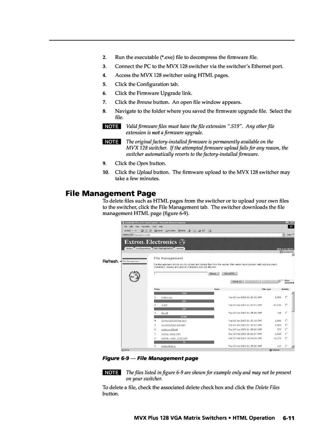 Extron electronic MVX PLUS 128 manual File Management Page, 9 - File Management page 
