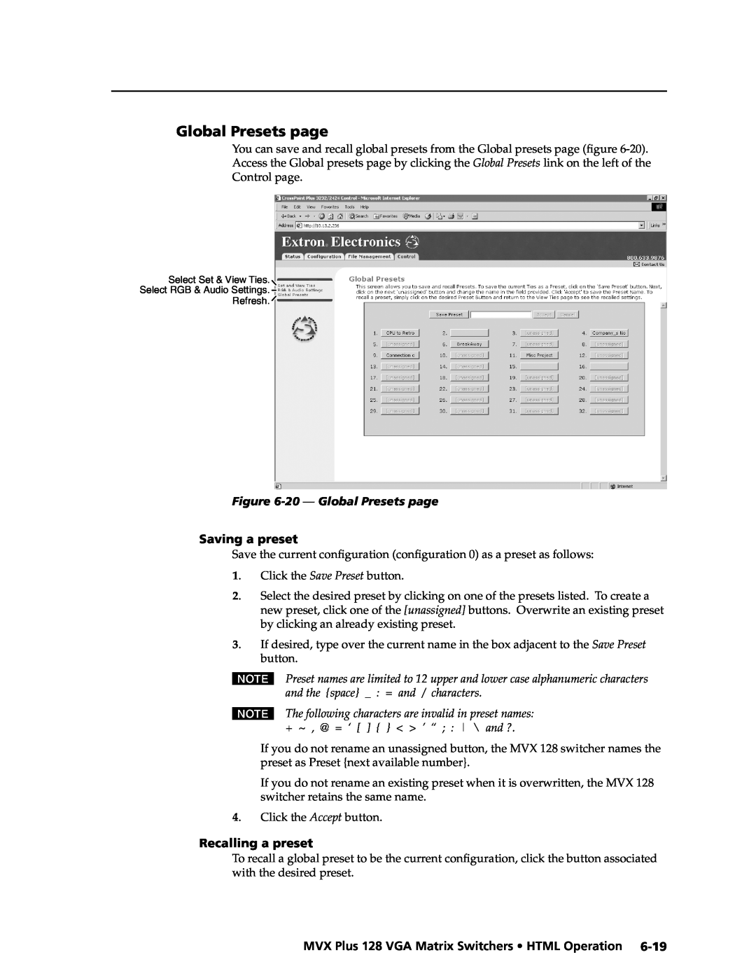 Extron electronic MVX PLUS 128 manual 20 - Global Presets page, Saving a preset, Recalling a preset 