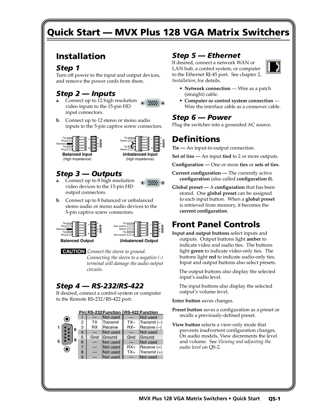 Extron electronic MVX PLUS 128 Quick Start - MVX Plus 128 VGA Matrix Switchers, Installation, Deﬁnitions, Step, Inputs 