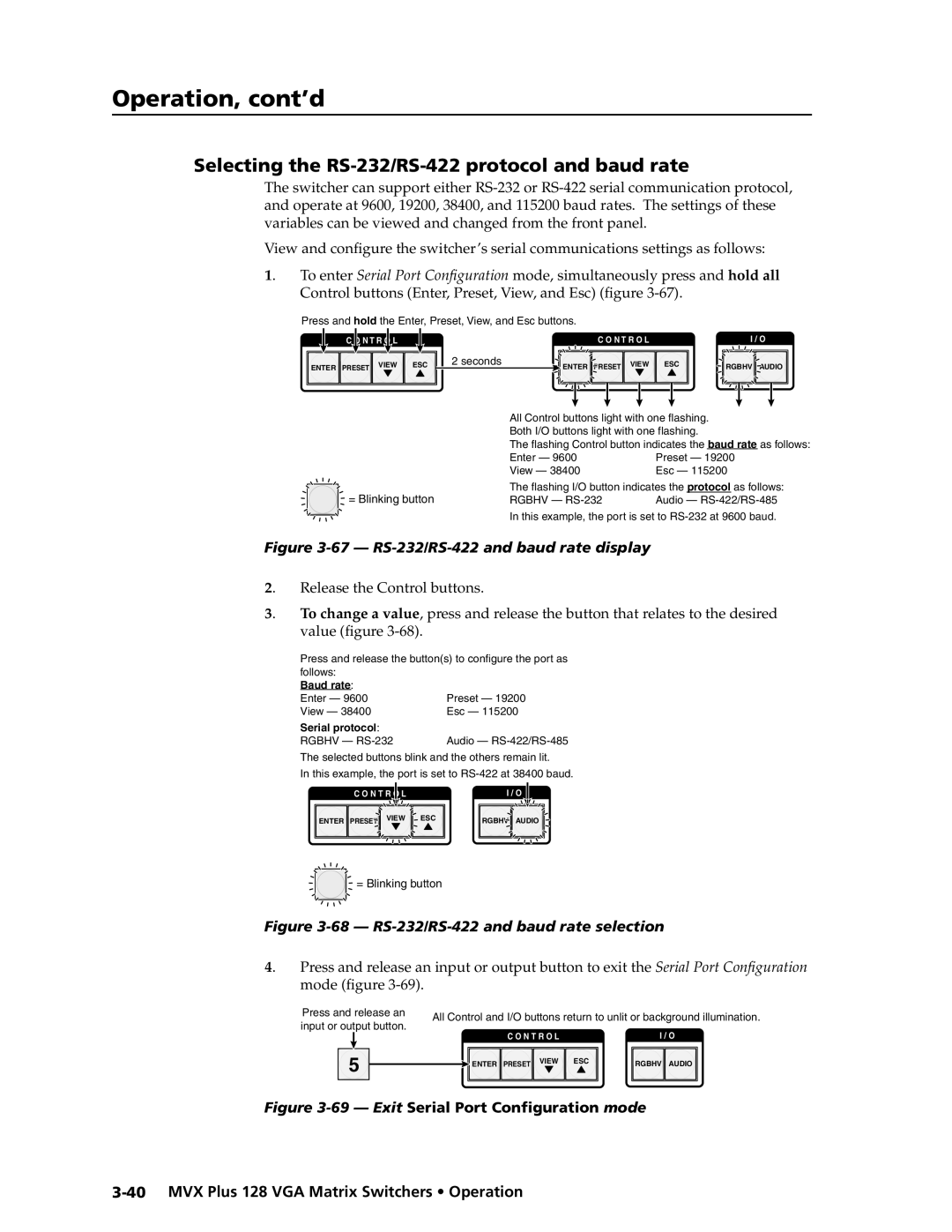 Extron electronic MVX PLUS 128 manual Selecting the RS-232/RS-422 protocol and baud rate, Operation, cont’d 