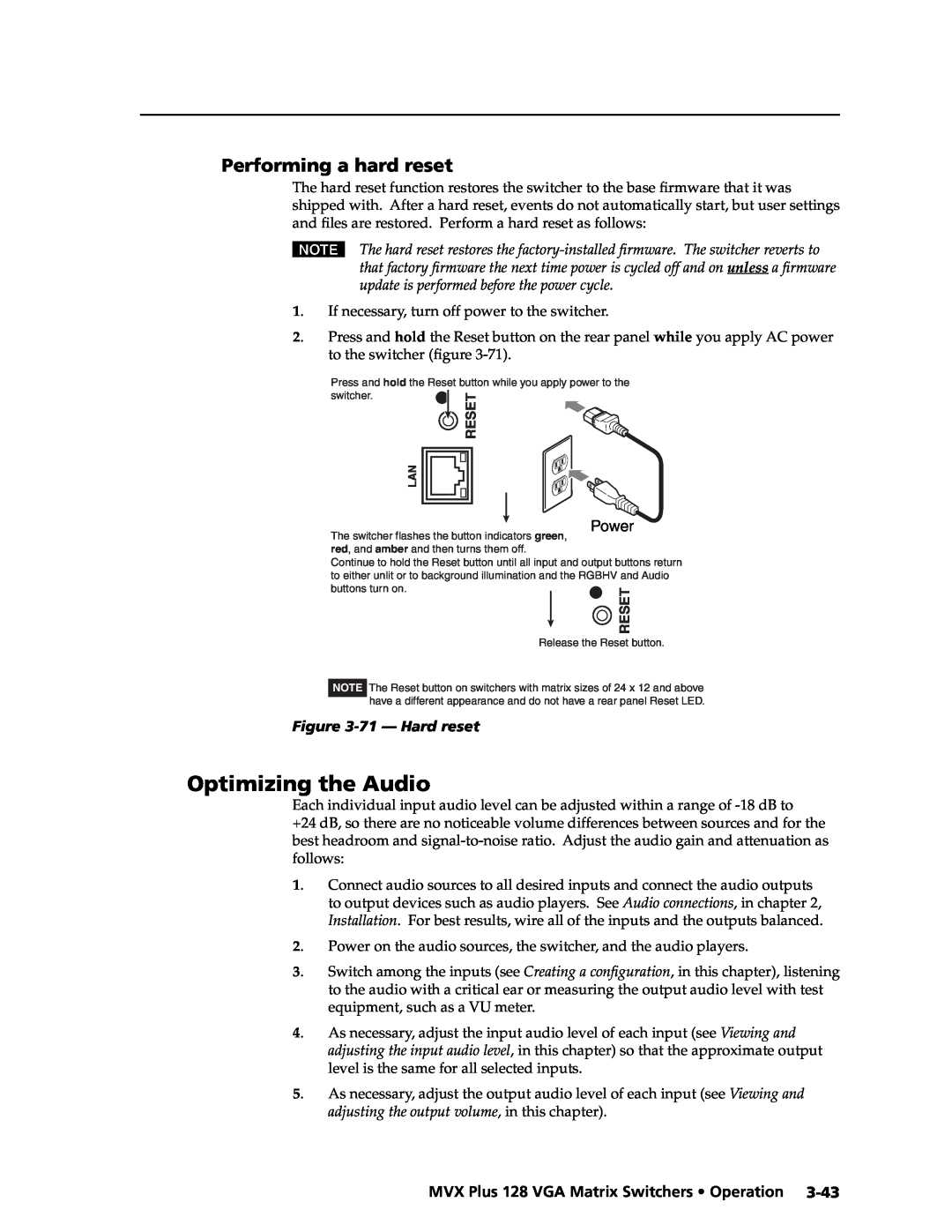 Extron electronic MVX PLUS 128 manual Optimizing the Audio, Performing a hard reset, 71 - Hard reset 