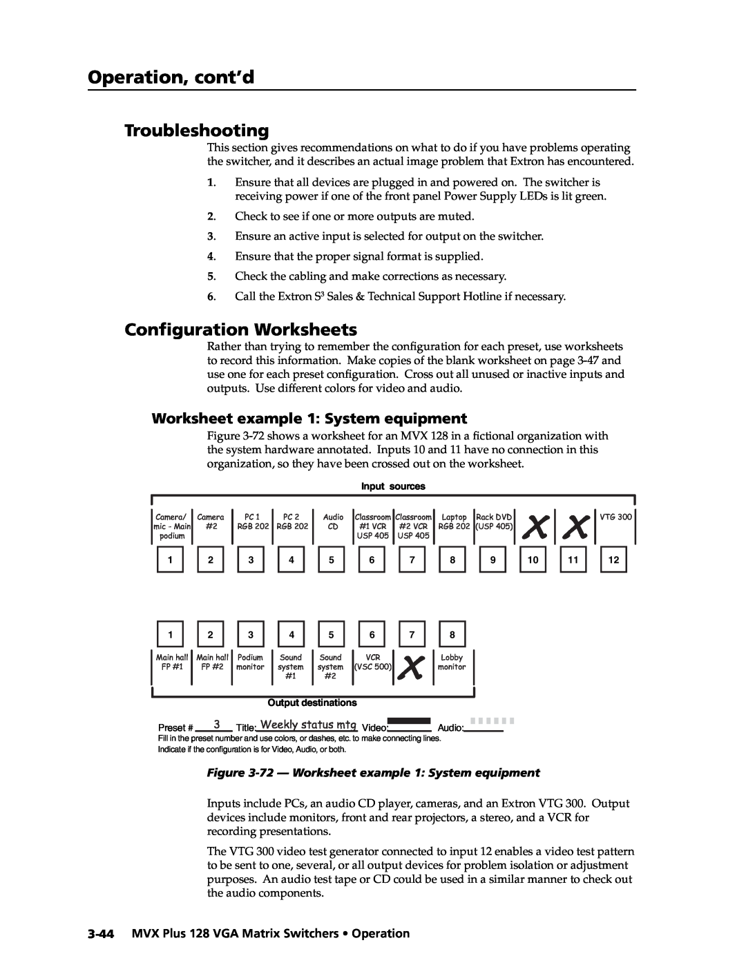 Extron electronic MVX PLUS 128 manual Troubleshooting, Conﬁguration Worksheets, Worksheet example 1 System equipment 